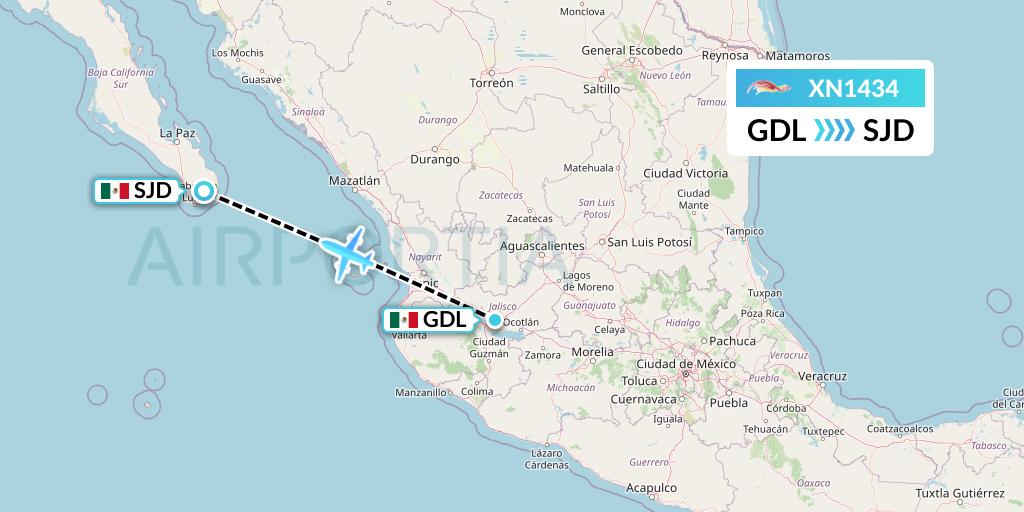 XN1434 Express Air Flight Map: Guadalajara to San Jose del Cabo