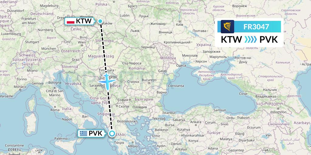 FR3047 Ryanair Flight Map: Katowice to Preveza