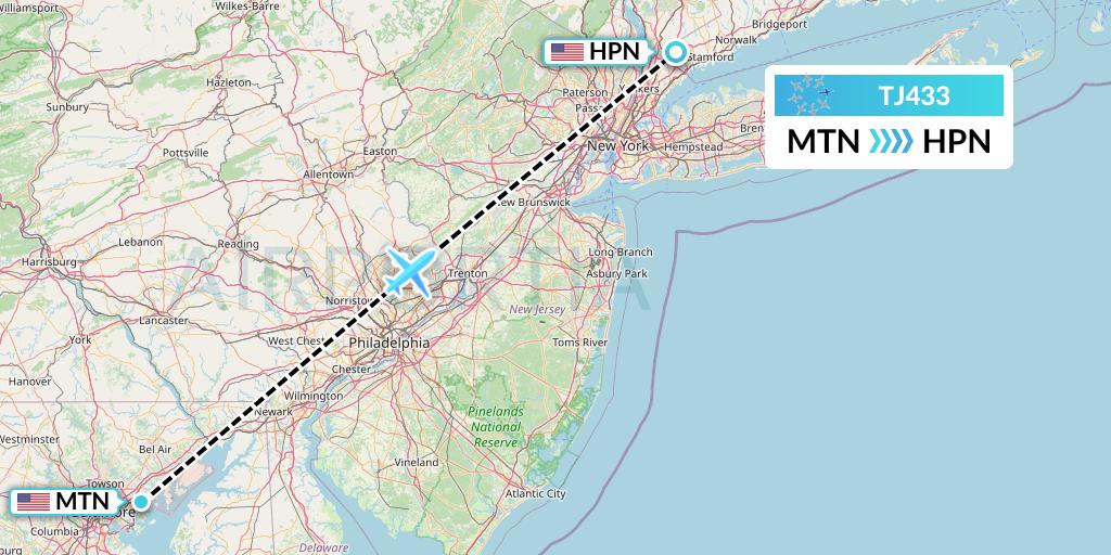 TJ433 Tradewind Aviation Flight Map: Baltimore to White Plains