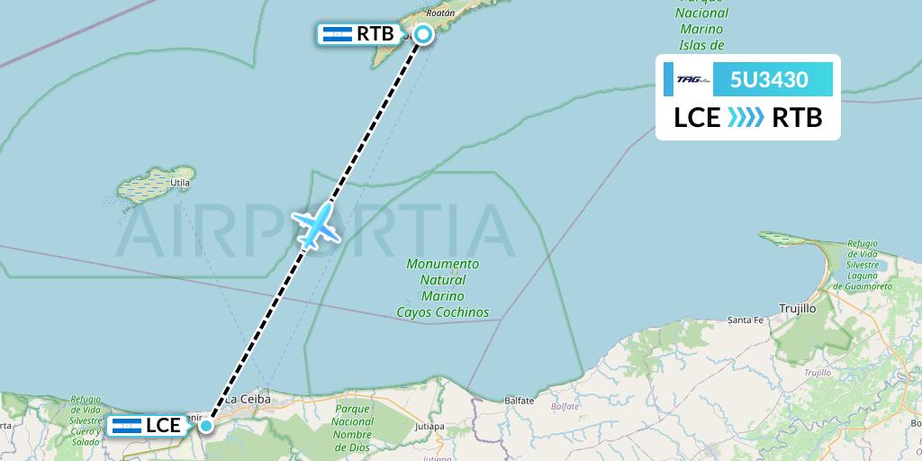 5U3430 TAG Airlines Flight Map: La Ceiba to Roatan