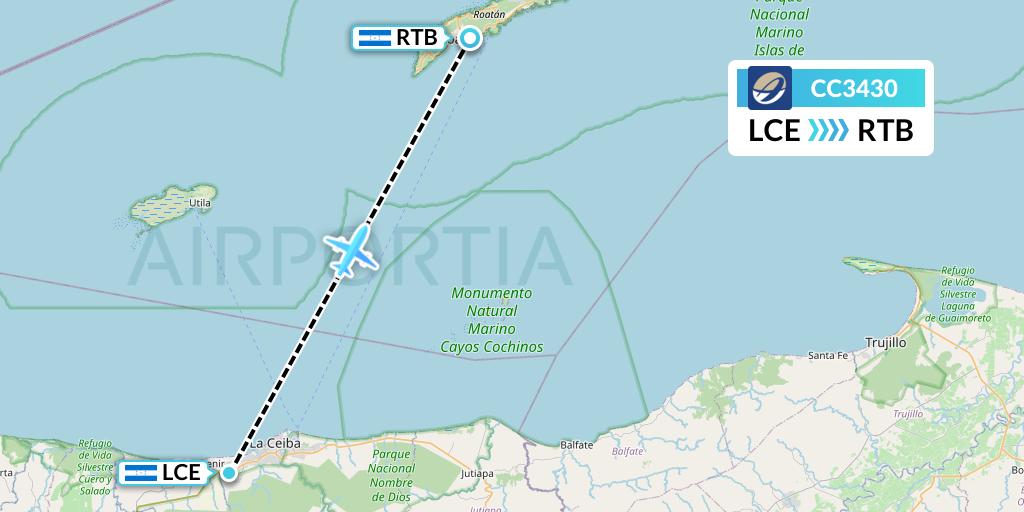 CC3430 CM Airlines Flight Map: La Ceiba to Roatan