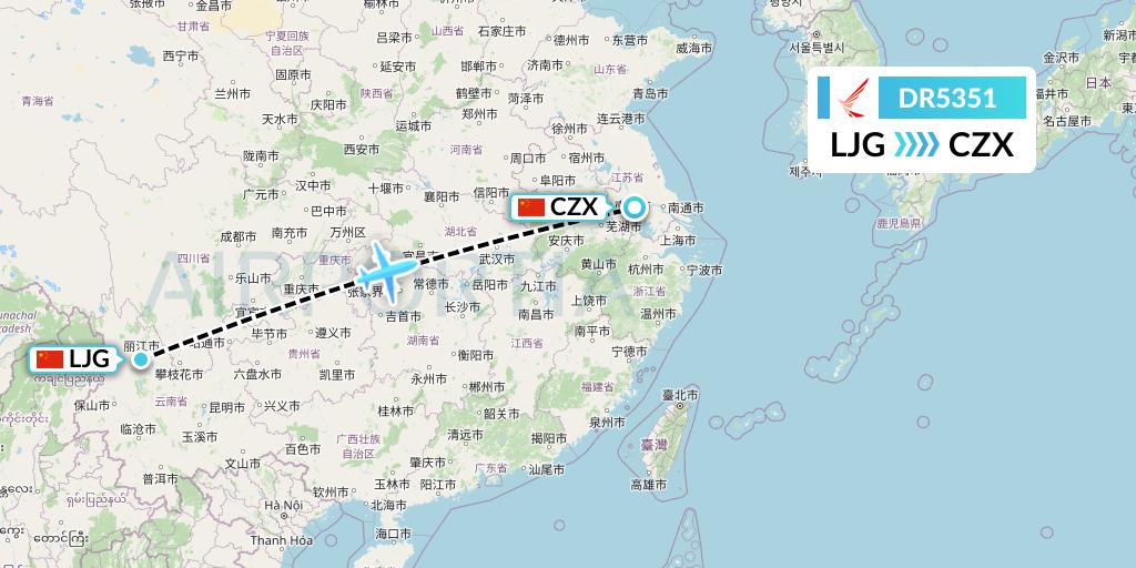 DR5351 Ruili Airlines Flight Map: Lijiang to Changzhou