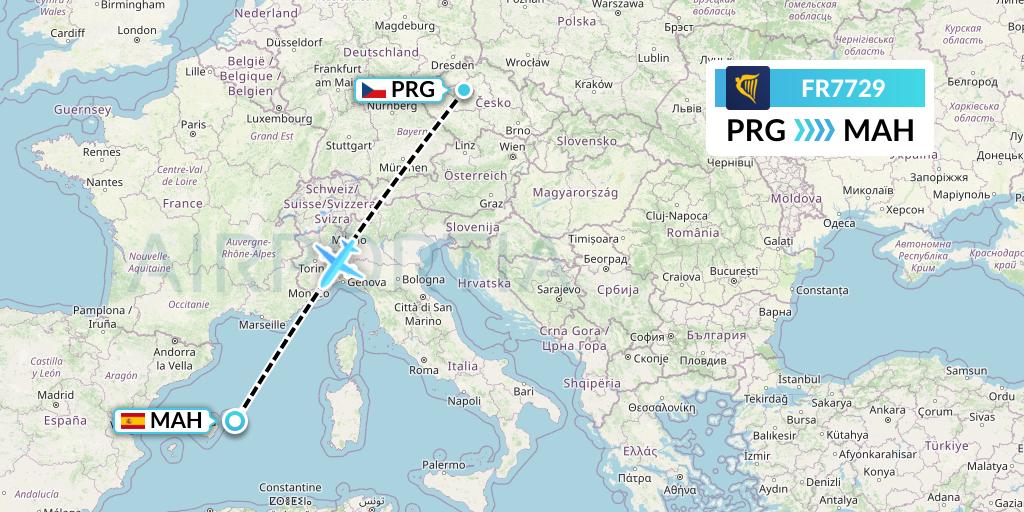 FR7729 Ryanair Flight Map: Prague to Mahon