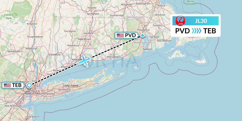 JL30 Japan Airlines Flight Map: Providence to Teterboro