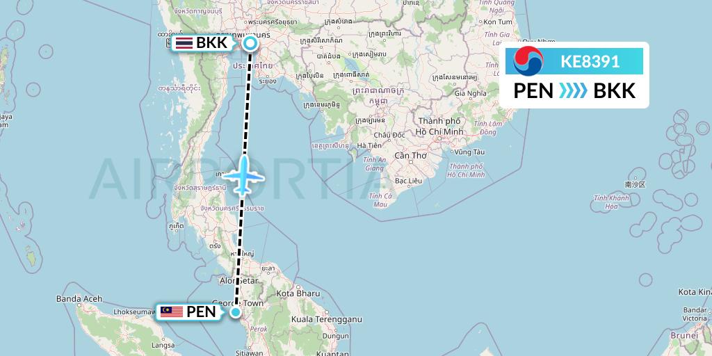 KE8391 Korean Air Flight Map: Penang to Bangkok