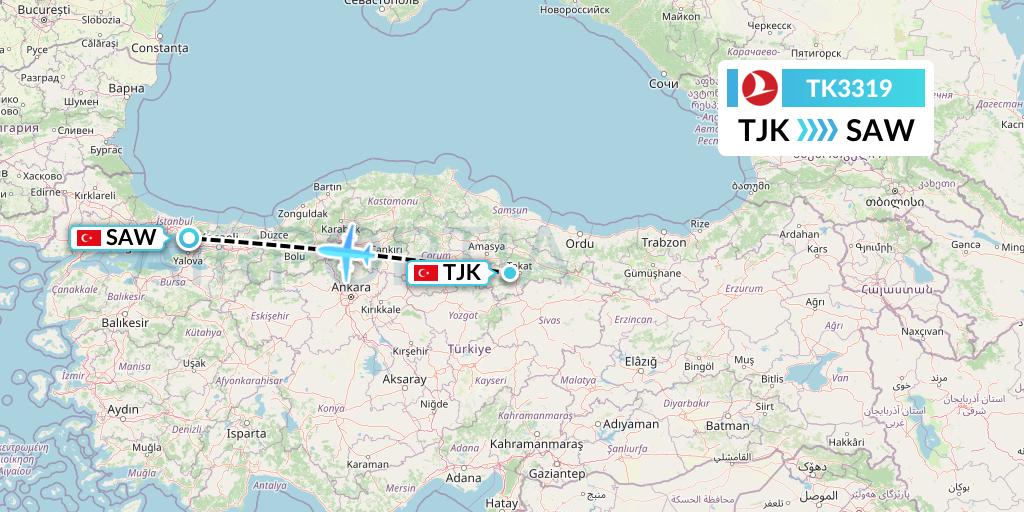 TK3319 Turkish Airlines Flight Map: Tokat to Istanbul