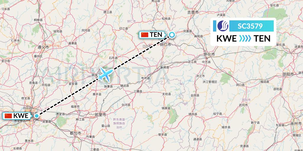SC3579 Shandong Airlines Flight Map: Guiyang to Tongren