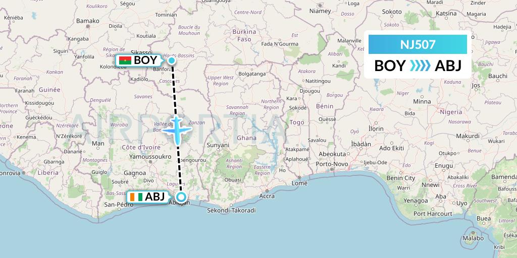 NJ507 Ghadames Air Transport Flight Map: Bobo Dioulasso to Abidjan