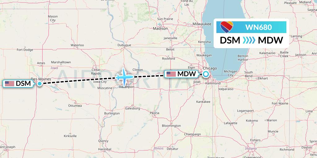 WN680 Southwest Airlines Flight Map: Des Moines to Chicago