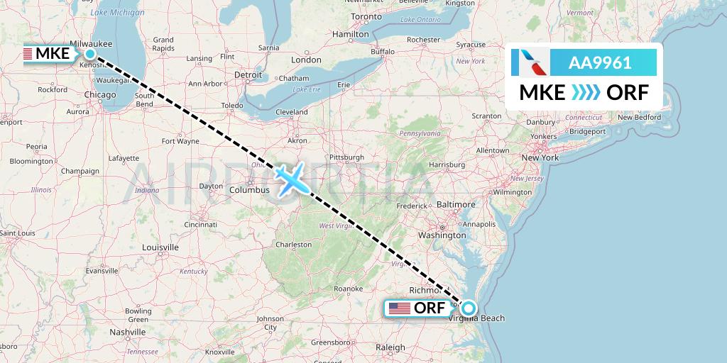 AA9961 American Airlines Flight Map: Milwaukee to Norfolk