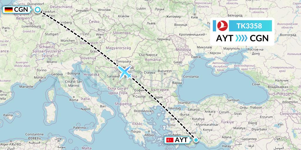 TK3358 Turkish Airlines Flight Map: Antalya to Cologne