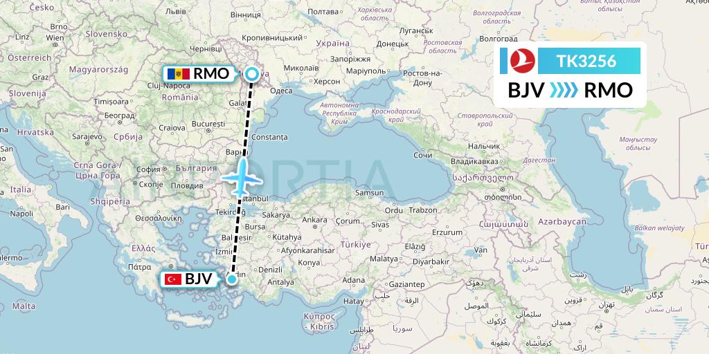 TK3256 Turkish Airlines Flight Map: Bodrum to Chisinau