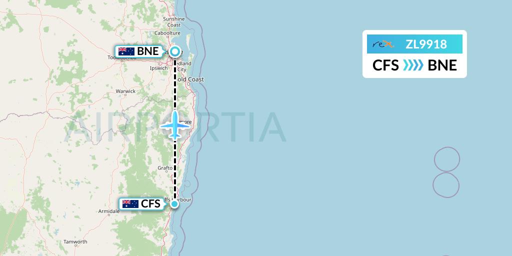 ZL9918 Regional Express Flight Map: Coffs Harbour to Brisbane