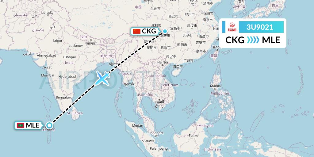 3U9021 Sichuan Airlines Flight Map: Chongqing to Male