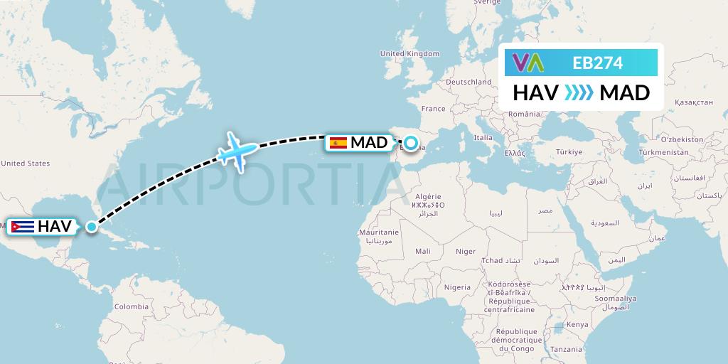 EB274 Wamos Air Flight Map: Havana to Madrid