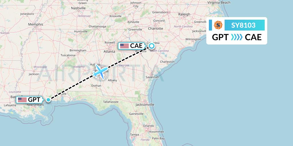 SY8103 Sun Country Airlines Flight Map: Gulfport to Columbia