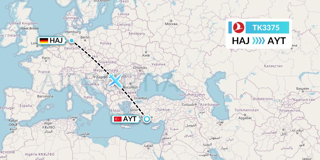 TK3375 Turkish Airlines Flight Map: Hannover to Antalya