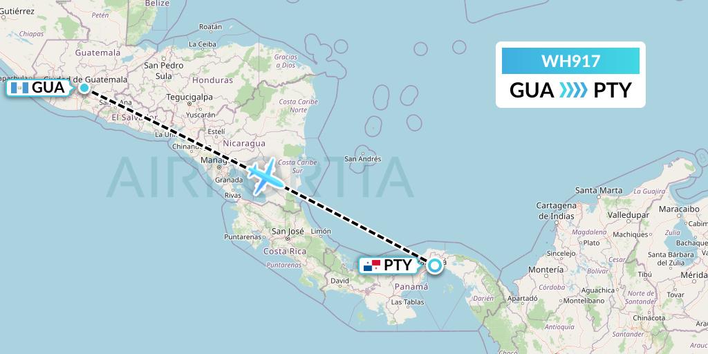 WH917 West African Airlines Flight Map: Guatemala City to Panama City