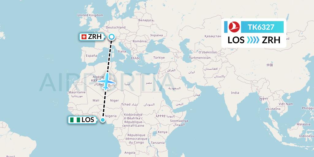 TK6327 Turkish Airlines Flight Map: Lagos to Zurich