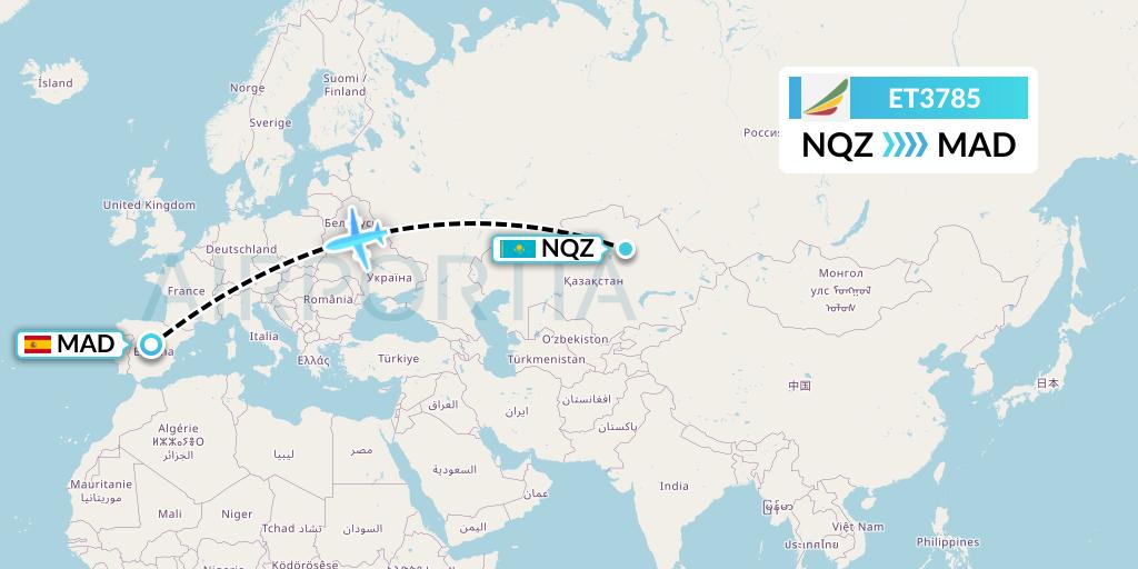 ET3785 Ethiopian Airlines Flight Map: Astana to Madrid