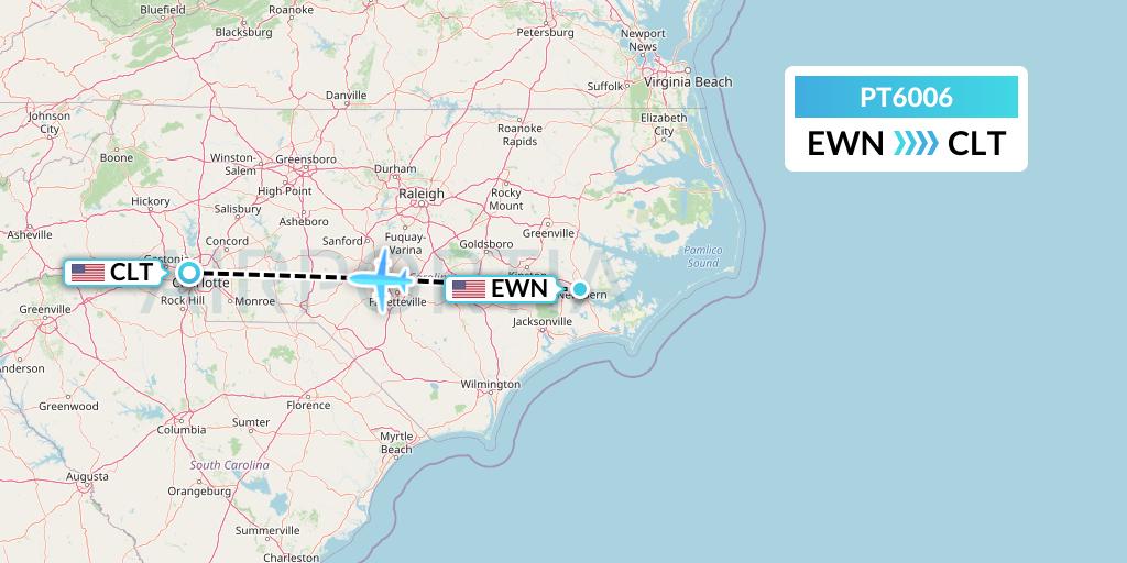 PT6006 Piedmont Airlines Flight Map: New Bern to Charlotte