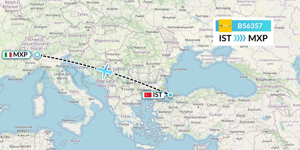 B56357 Fly SAX Flight Map: Istanbul to Milan