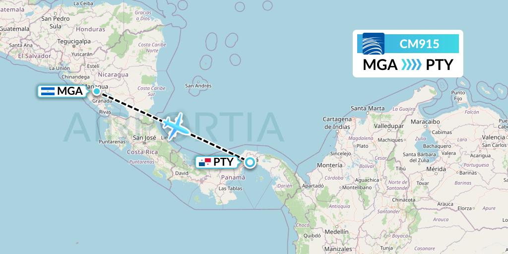 CM915 Copa Airlines Flight Map: Managua to Panama City