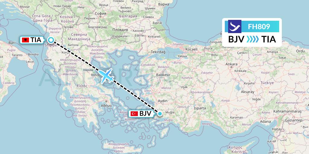 FH809 Freebird Airlines Flight Map: Bodrum to Tirana