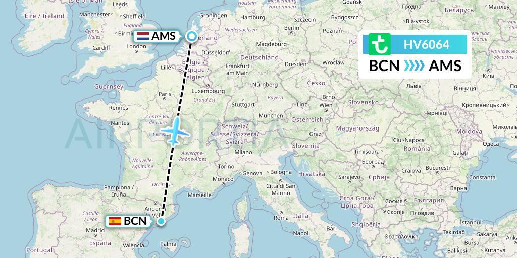 HV6064 Transavia Flight Map: Barcelona to Amsterdam