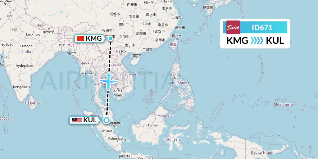 ID671 Batik Air Flight Map: Kunming to Kuala Lumpur