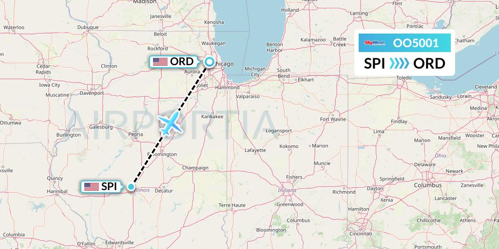 OO5001 SkyWest Airlines Flight Map: Springfield to Chicago