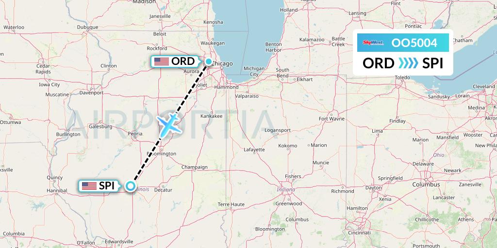 OO5004 SkyWest Airlines Flight Map: Chicago to Springfield