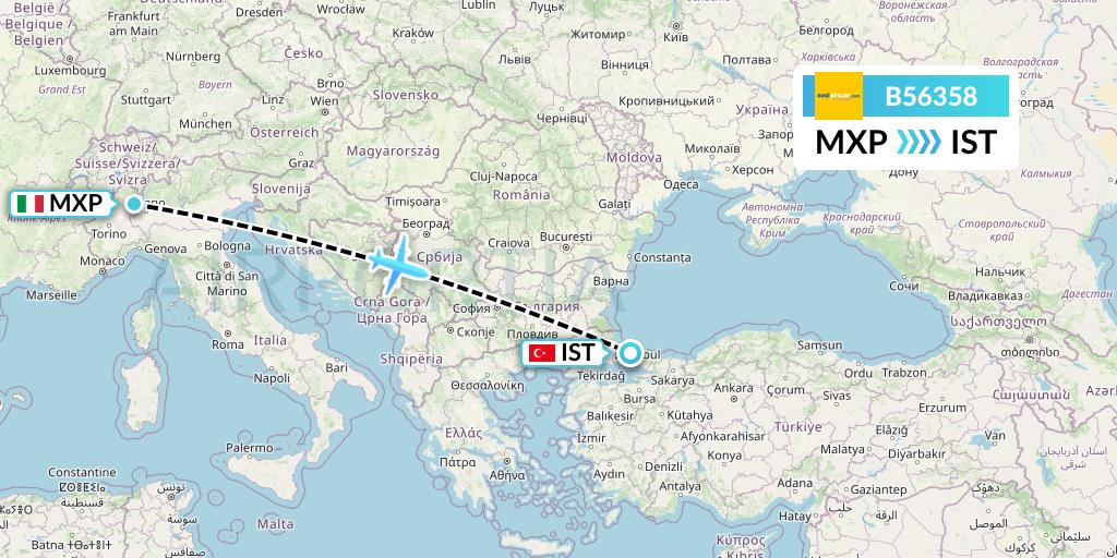 B56358 Fly SAX Flight Map: Milan to Istanbul
