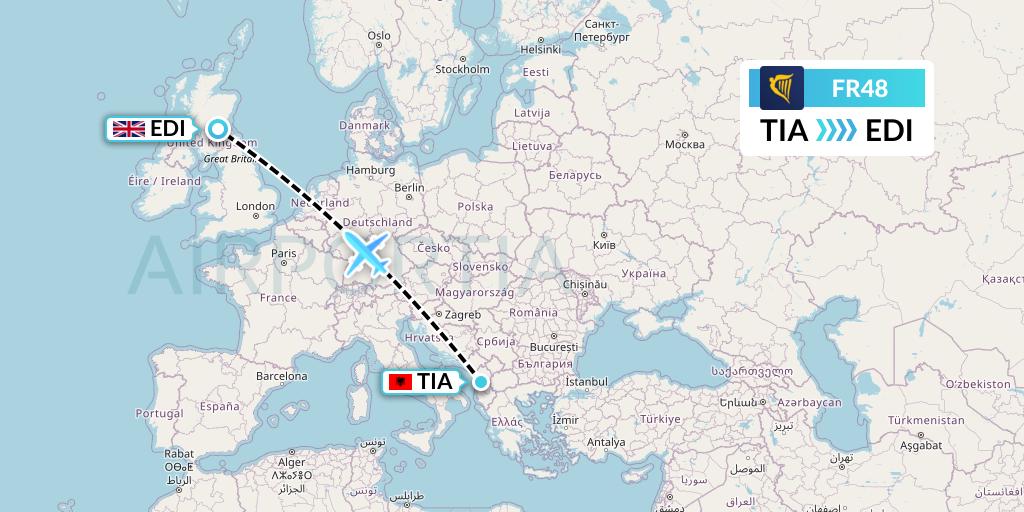 FR48 Ryanair Flight Map: Tirana to Edinburgh
