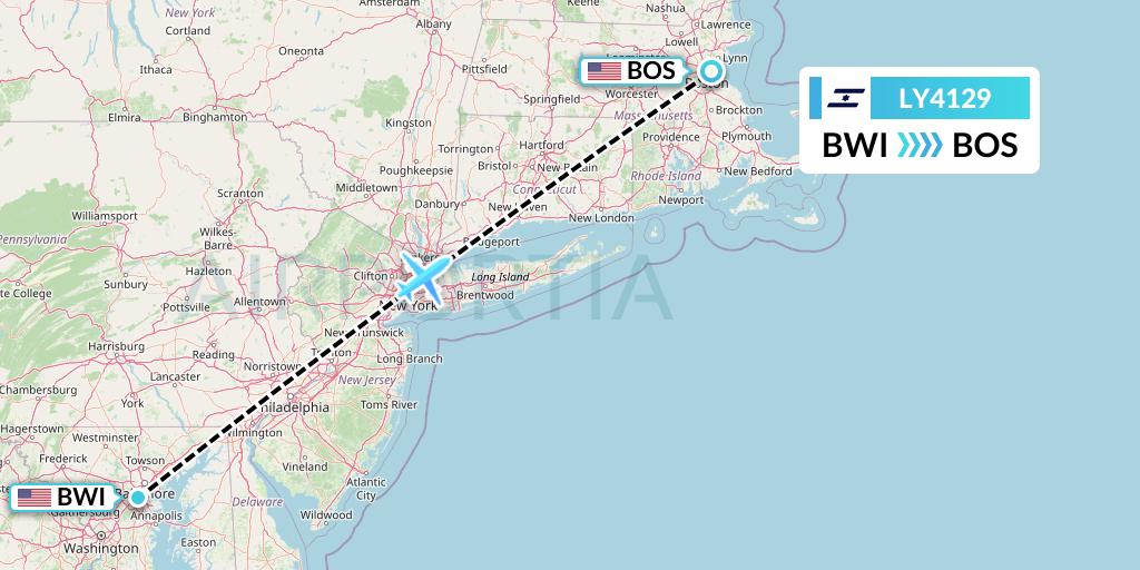 LY4129 El Al Flight Map: Baltimore to Boston