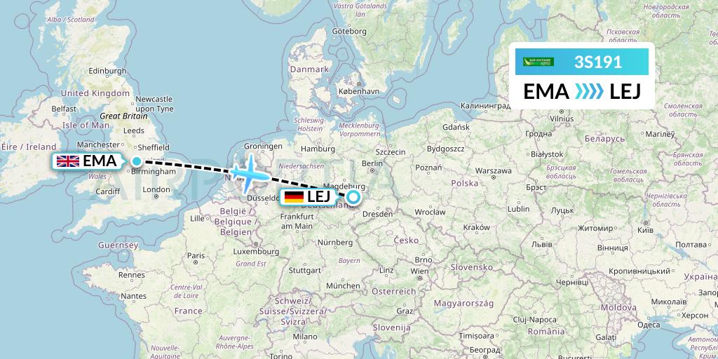 3S191 Air Antilles Express Flight Map: East Midlands to Leipzig