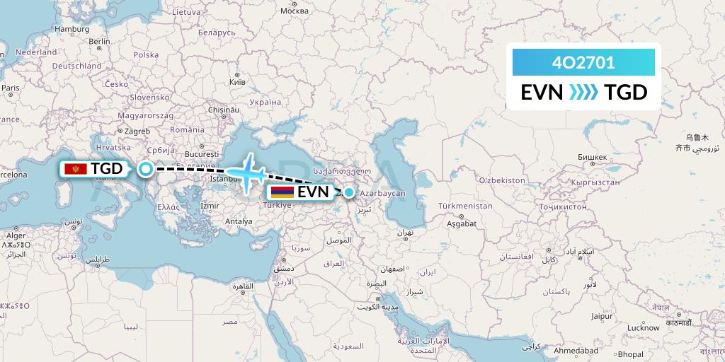 4O2701 Air Montenegro Flight Map: Yerevan to Podgorica