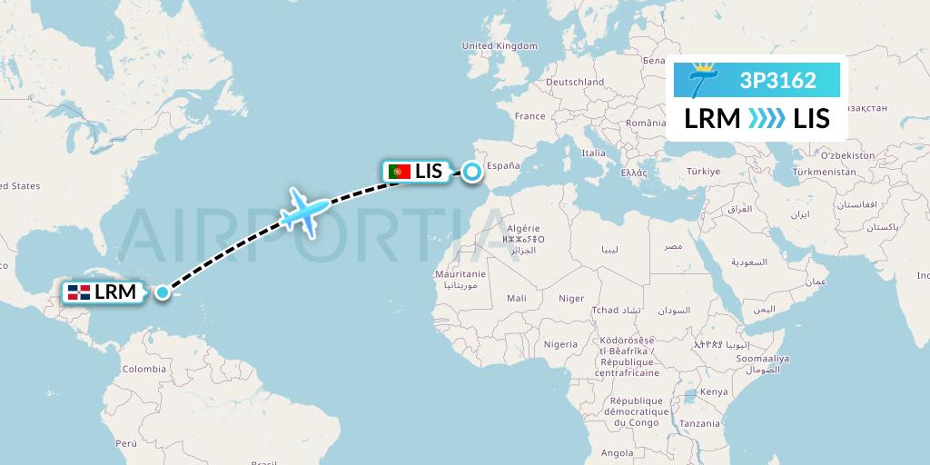 3P3162 Tiara Air Flight Map: La Romana to Lisbon