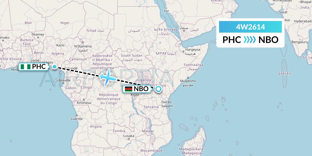 4W2614 Warbelows Air Ventures Flight Map: Port Harcourt to Nairobi