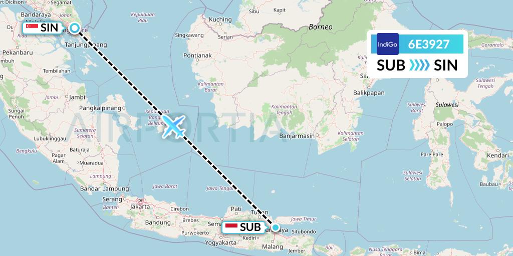6E3927 IndiGo Airlines Flight Map: Surabaya to Singapore