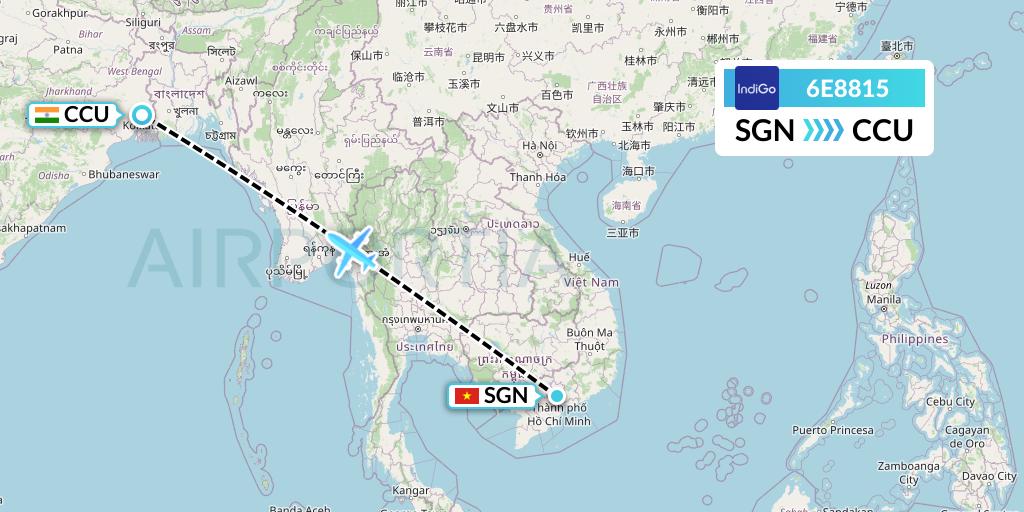 6E8815 IndiGo Airlines Flight Map: Ho Chi Minh City to Kolkata