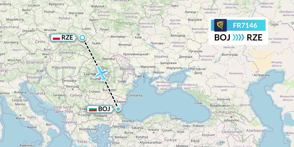 FR7146 Ryanair Flight Map: Burgas to Rzeszow