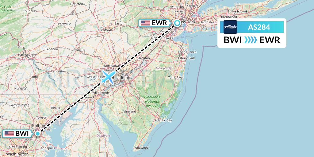 AS284 Alaska Airlines Flight Map: Baltimore to New York
