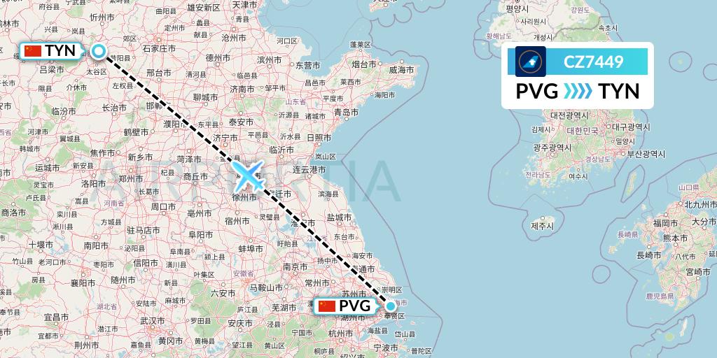 CZ7449 China Southern Airlines Flight Map: Shanghai to Taiyuan