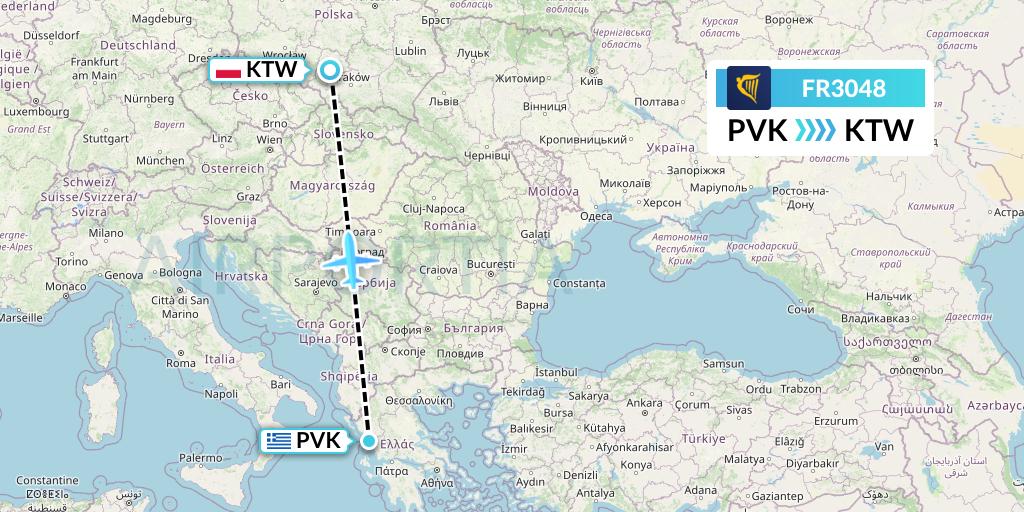 FR3048 Ryanair Flight Map: Preveza to Katowice