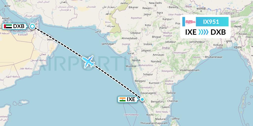 IX951 Air India Express Flight Map: Mangalore to Dubai