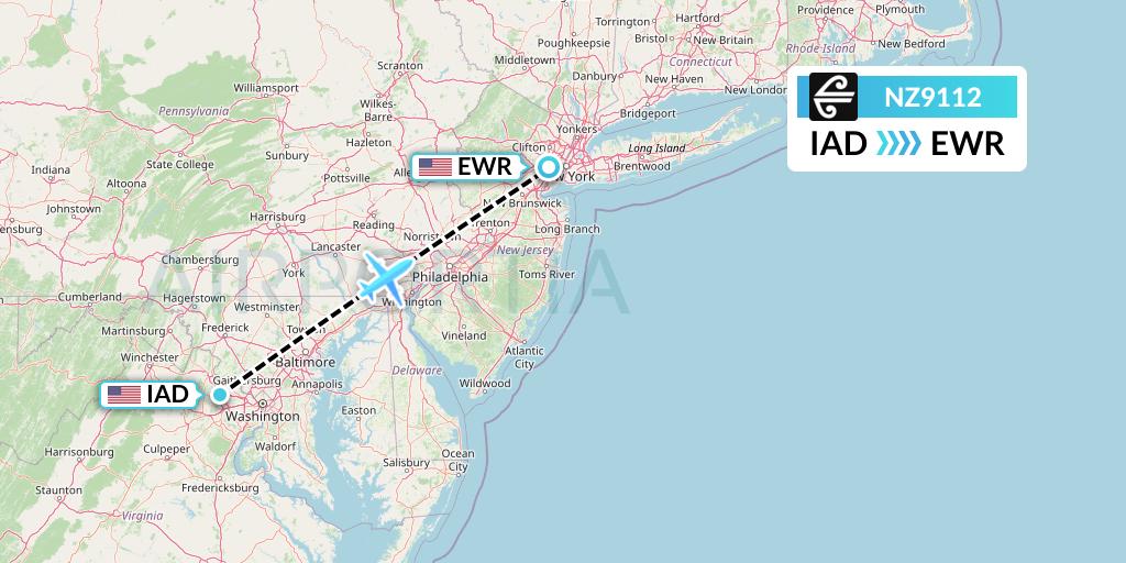 NZ9112 Air New Zealand Flight Map: Washington to New York