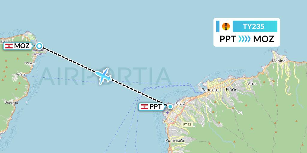 TY235 Air Caledonie Flight Map: Papeete to Moorea