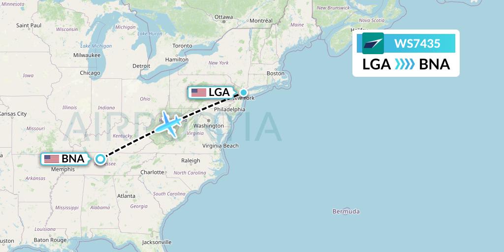 WS7435 WestJet Flight Map: New York to Nashville