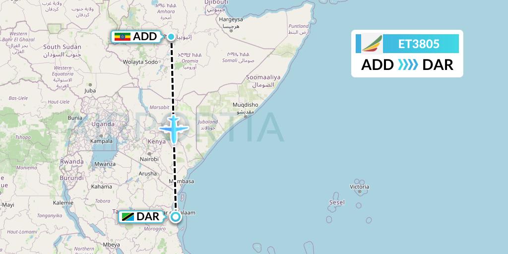 ET3805 Ethiopian Airlines Flight Map: Addis Ababa to Dar-es-Salaam